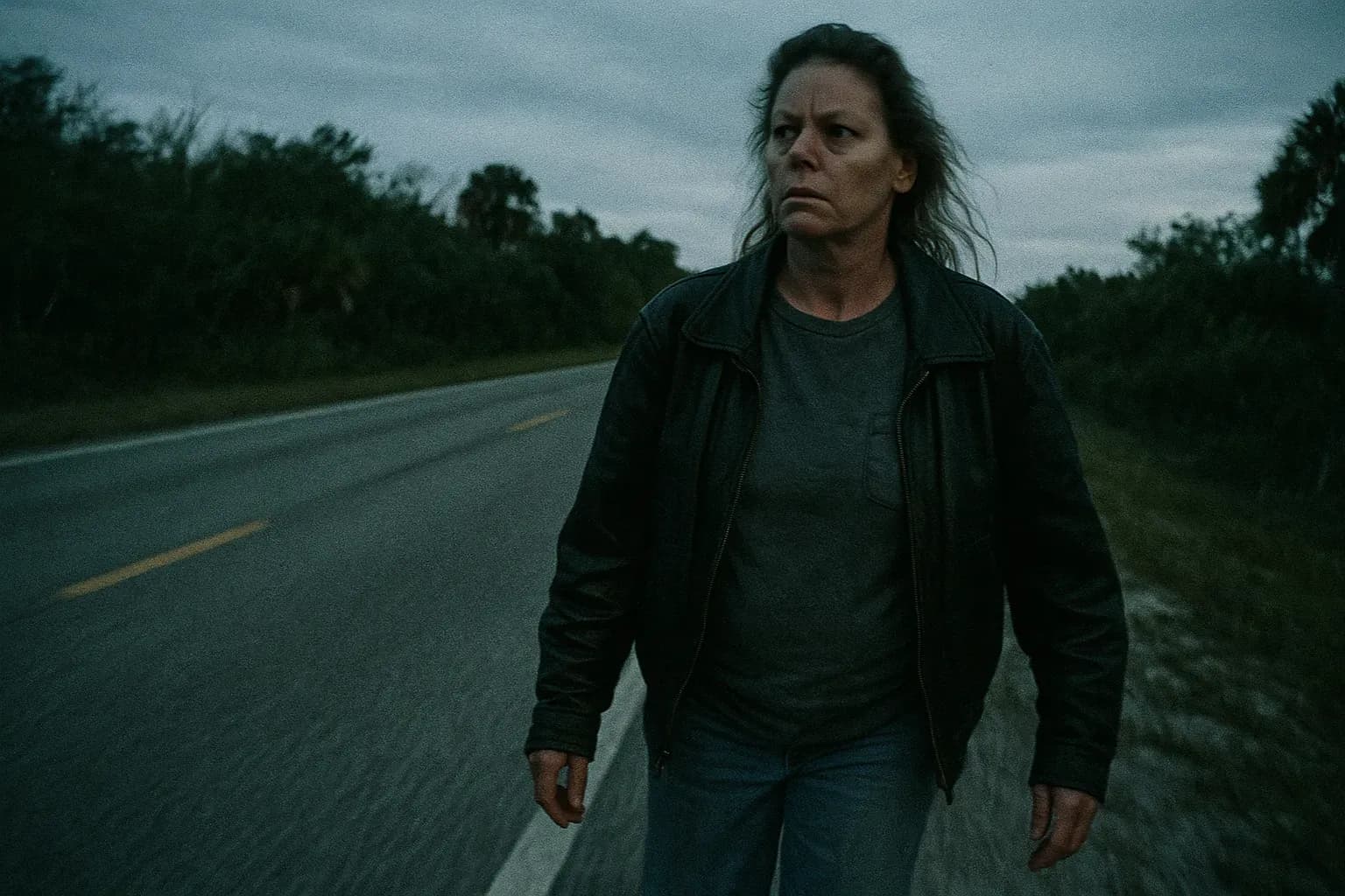 A figure resembling Aileen Wuornos walks along a desolate Florida highway, her eyes scanning the horizon, surrounded by dense brush, with a worn leather jacket hanging loosely from her shoulders