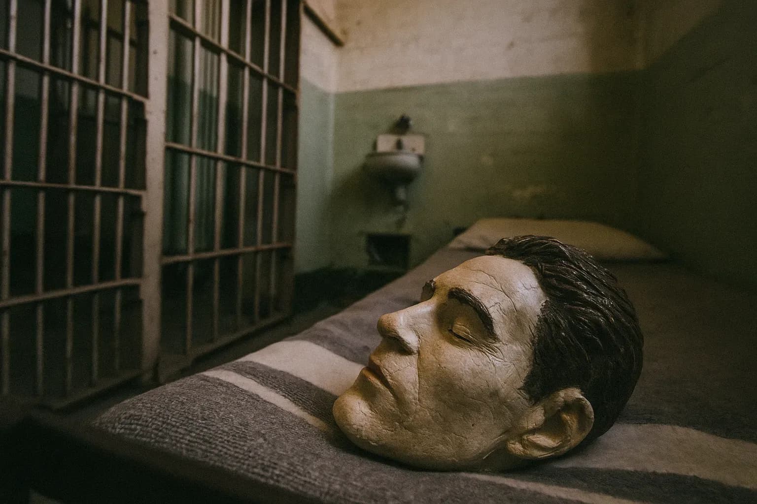 A lifelike dummy head made of plaster and paint rests on a prison bed in a dimly lit Alcatraz cell, the meticulously crafted hair and features hinting at the daring escape of Frank Morris and the Anglin brothers