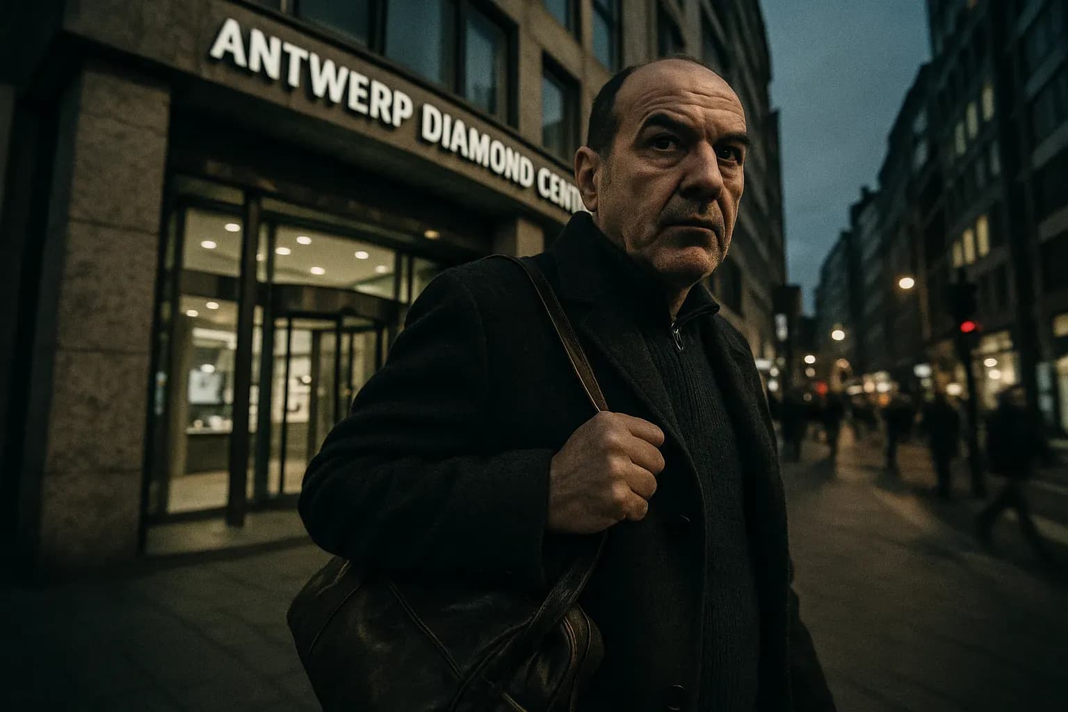 A figure resembling Leonardo Notarbartolo stands outside the Antwerp Diamond Center, his expression unreadable, a leather bag slung over his shoulder, blending into the bustling city backdrop.