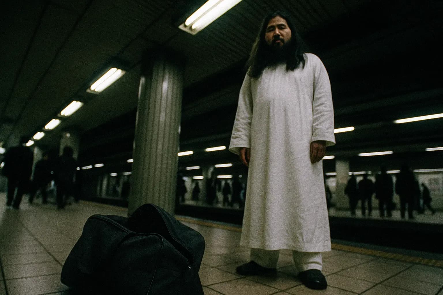 A figure resembling Shoko Asahara, wearing white robes, stands in a Tokyo subway station. Nearby, an unattended, half-open bag on the platform floor hints at sinister contents, commuters' silhouettes in the background.