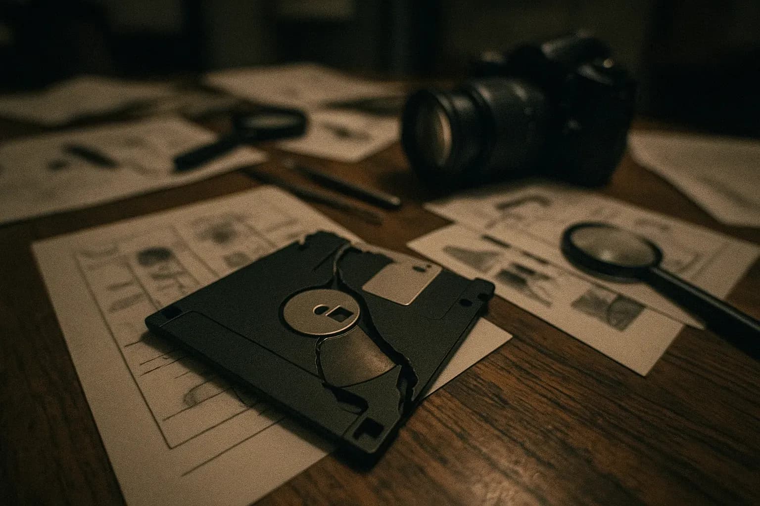 A black floppy disk lies on a wooden desk, its casing cracked open, surrounded by papers and digital forensics tools, symbolizing the downfall of Dennis Rader, the BTK killer, in Kansas.