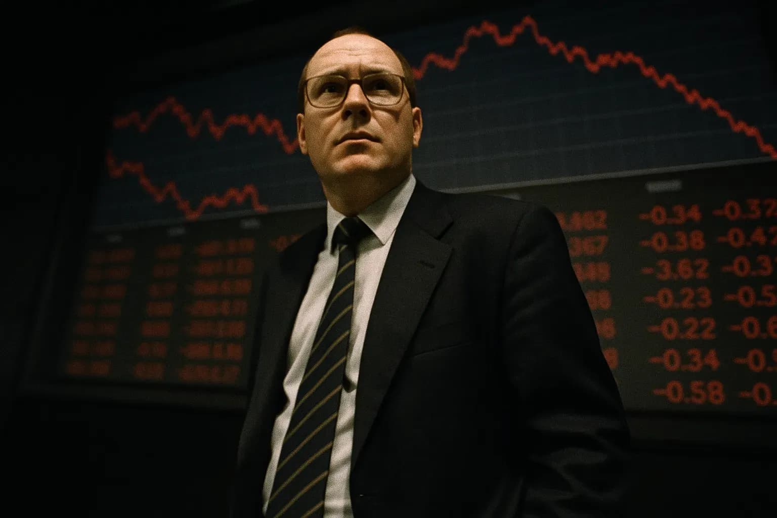 A figure resembling Nick Leeson stands in front of a financial market screen displaying falling numbers, a hidden sense of turmoil behind his composed demeanor, symbolizing the Barings Bank collapse.