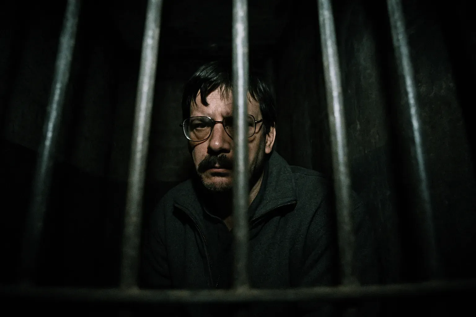 A figure resembling Marc Dutroux in a dimly lit prison cell, metal bars casting shadows across his face, evoking the chilling atmosphere of Belgium's dark underworld.