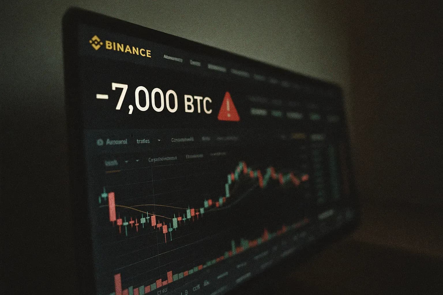 A computer screen displays Binance's cryptocurrency dashboard, a red alert notification flashing next to the balance showing a missing 7,000 bitcoin, symbolizing the massive cyberattack that rocked the exchange.