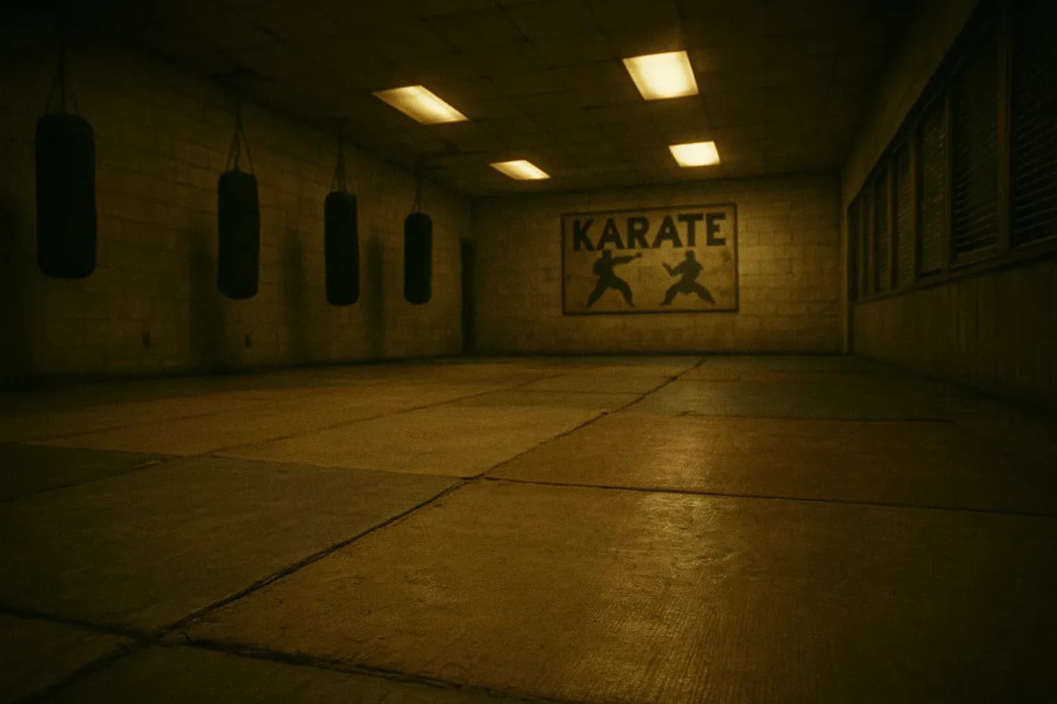 A dusty karate studio in 1970s Utah, worn mats and a wooden sign for martial arts classes hint at the cult's financial foundation under Immanuel David's influence.