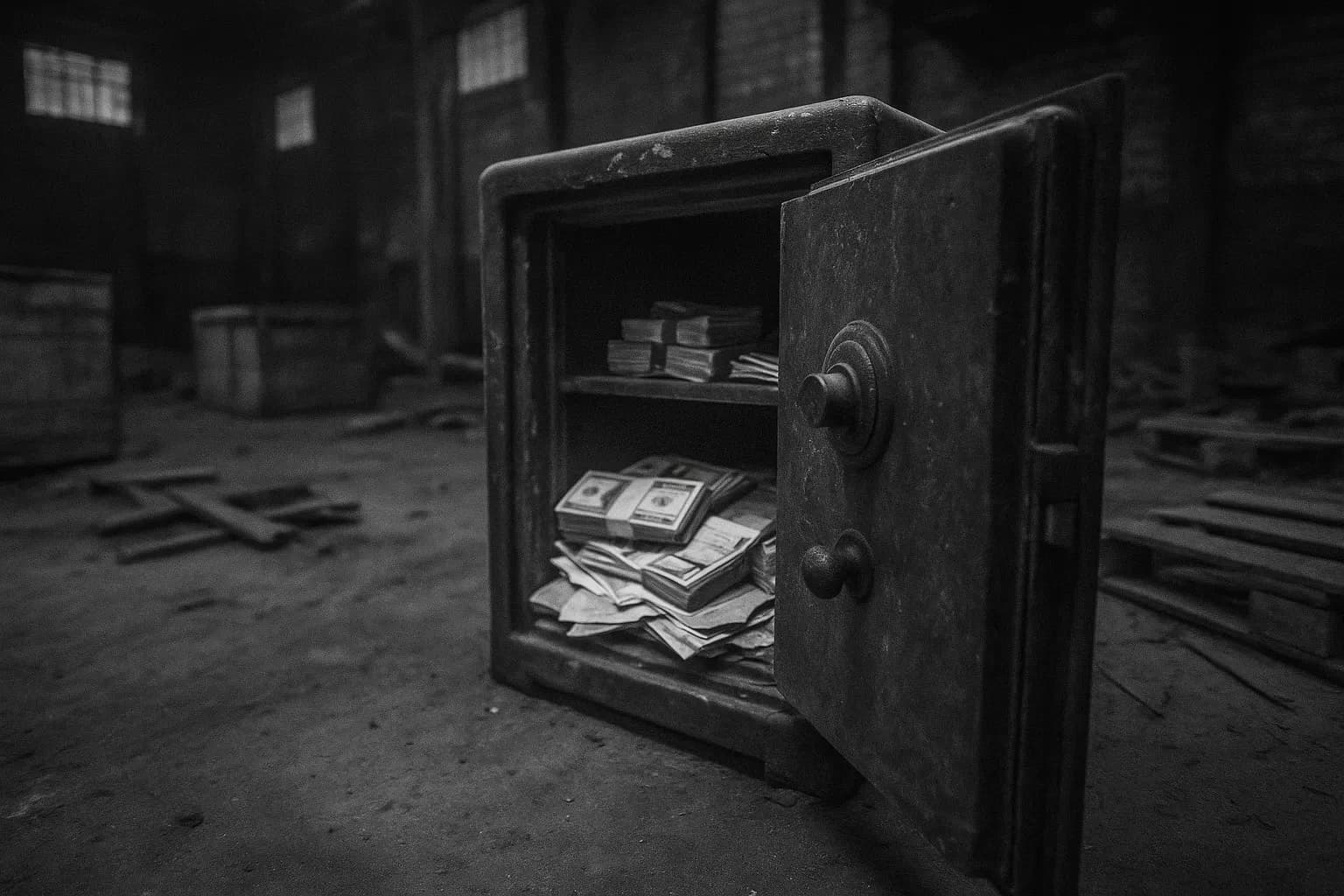 A worn metal safe with its door ajar, revealing a disorganized stack of cash and documents, sits on the floor of an abandoned warehouse. Dusty crates and broken pallets lie around, evoking a scene tied to the notorious Købmagergade heist.