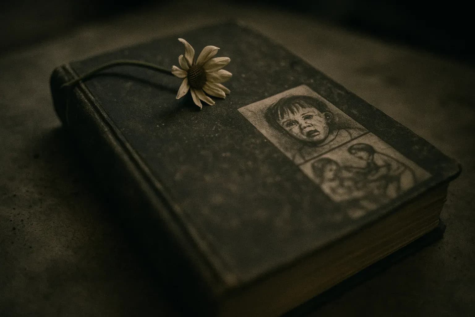 A dusty, aging book titled "The Davidito Book" lies on a table, its pages marked with disturbing illustrations. A single wilted flower rests on the cover, symbolizing a fight for justice and healing.