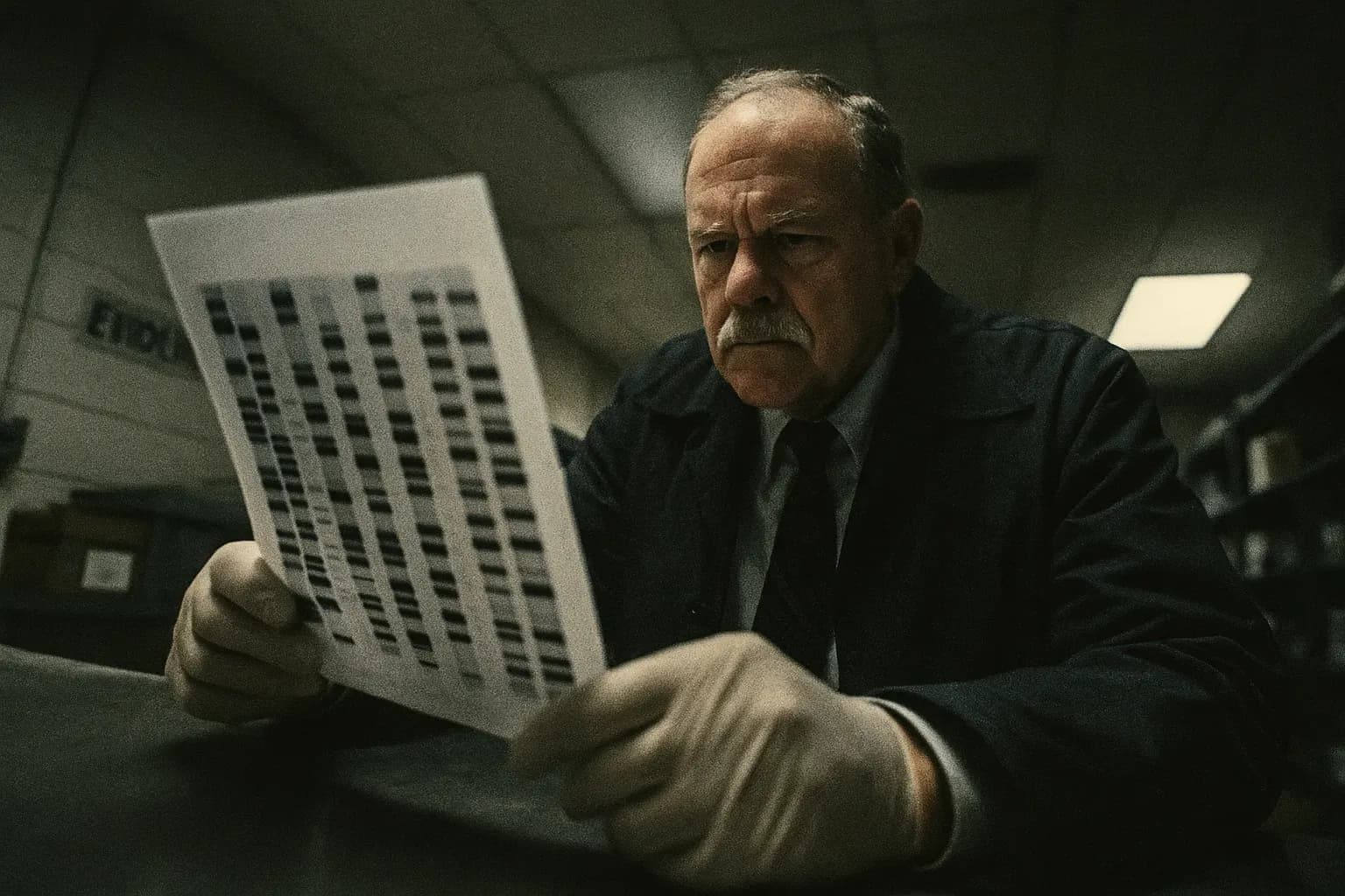 A figure resembling Alan Wade Wilmer Sr. is shown in an evidence lab, examining a DNA profile chart with serious concentration, symbolizing the breakthrough in the long-unsolved Colonial Parkway Murders.