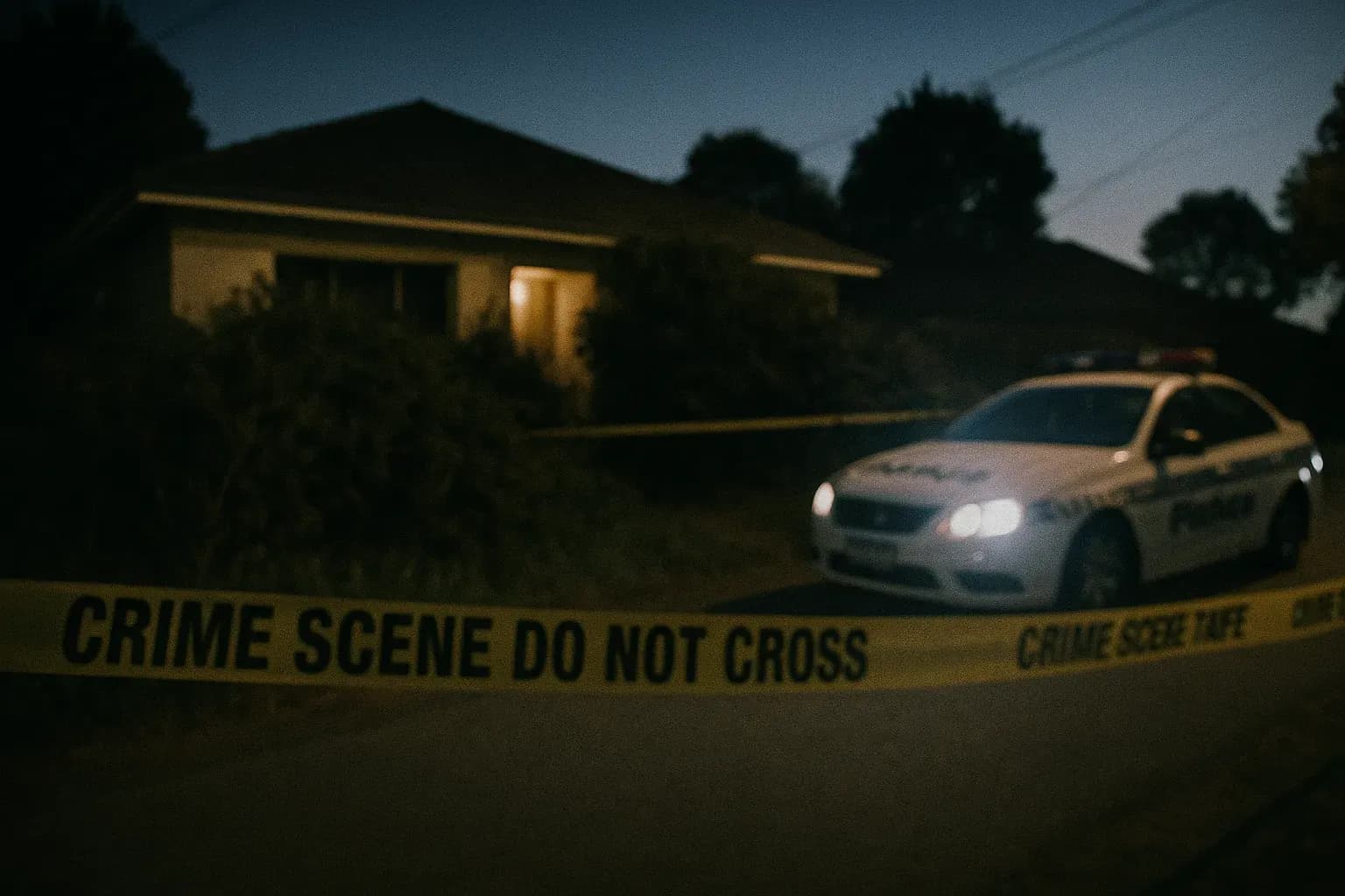 A simple suburban house on Moorhouse Street, Perth, with overgrown bushes concealing dark secrets, and a lone police car parked outside amidst yellow crime scene tape indicating the horrors within.