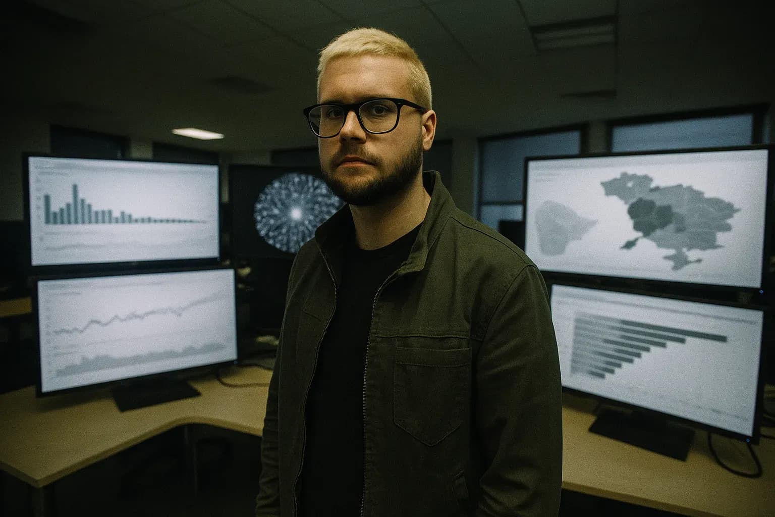A figure resembling Christopher Wylie, in a casual jacket, stands in an office surrounded by computer screens displaying data visualizations, symbolizing the Facebook-Cambridge Analytica scandal.