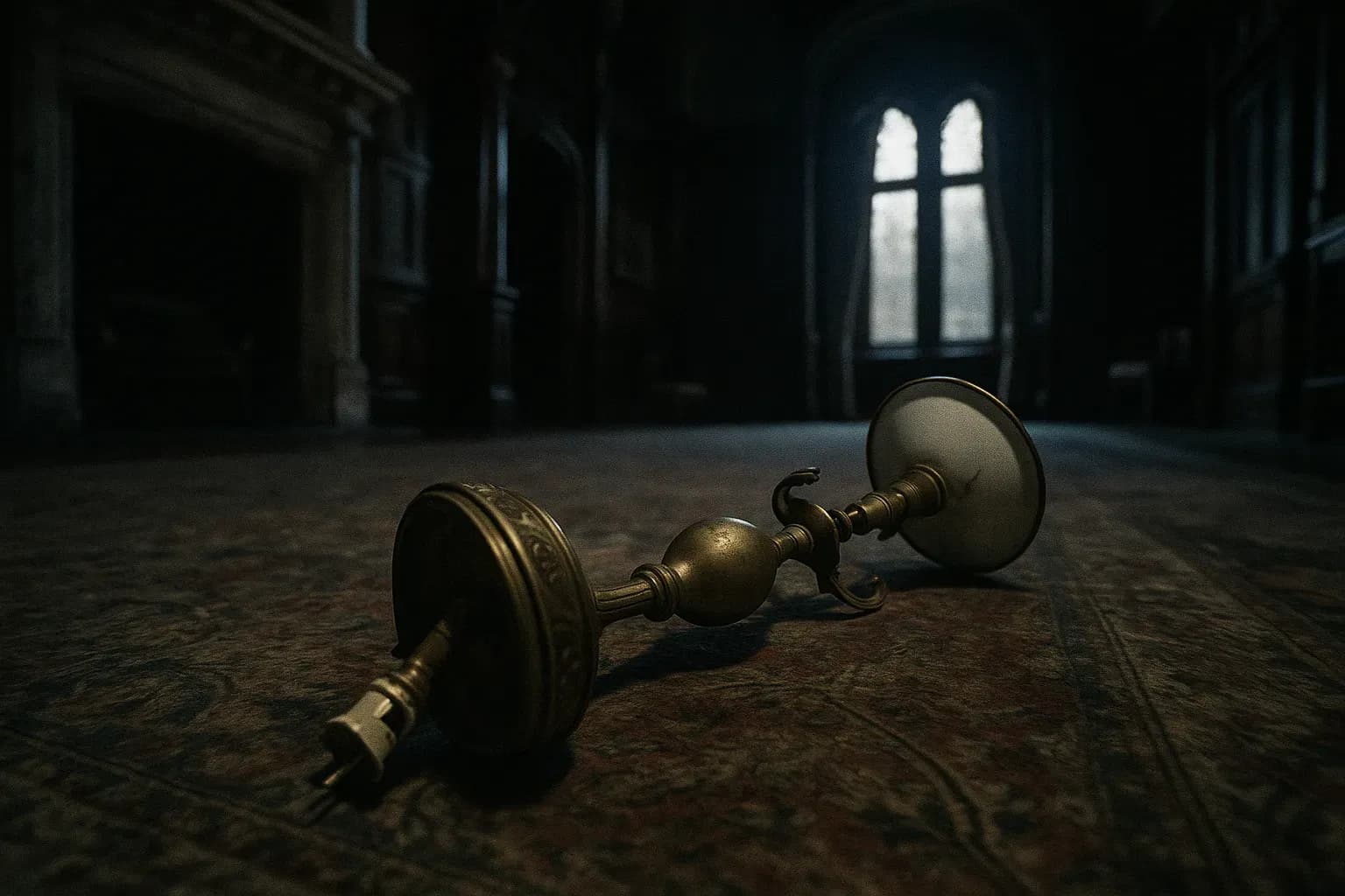 A broken brass lamp lies on the floor of a grand Victorian-style room in Friar Park, symbolizing Olivia Harrison's desperate defense during the 1999 attack on George Harrison.