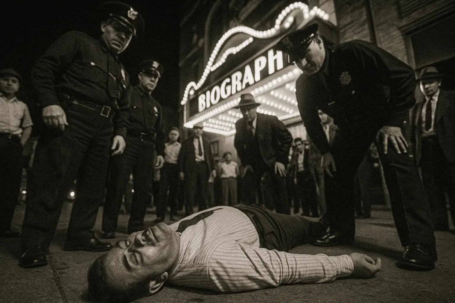 A figure resembling John Dillinger lies on the sidewalk outside the Biograph Theater in Chicago, surrounded by law enforcement officers and curious onlookers.