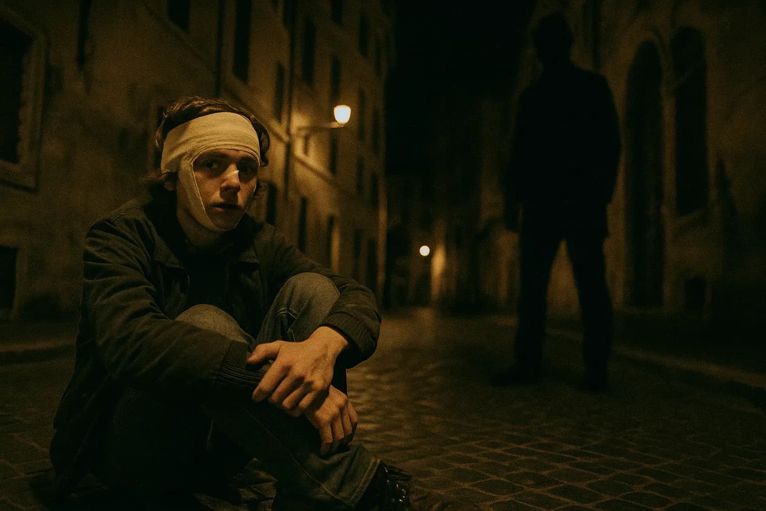 A figure resembling John Paul Getty III with a bandaged head sits alone on a cobblestone street in Rome, a shadowy figure lurking nearby, symbolizing the 'Ndrangheta's threat.