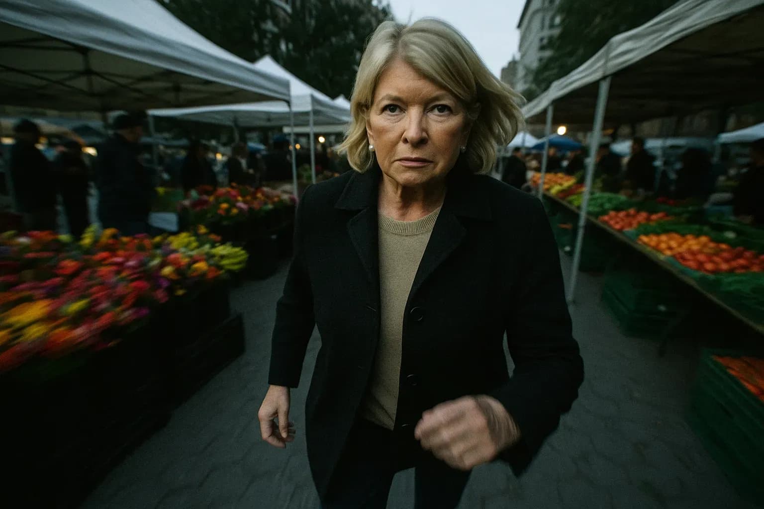 A figure resembling Martha Stewart walks briskly through a bustling outdoor market, surrounded by vibrant flowers and fresh produce, representing her post-prison comeback and revival in the lifestyle industry.