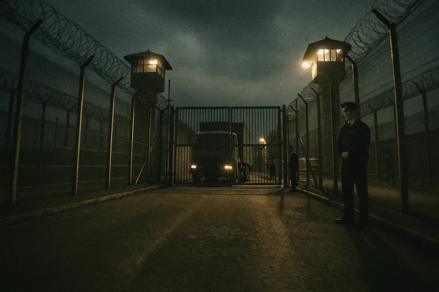A guarded lorry gate at Maze Prison, surrounded by high security fences and watchtowers, symbolizes the historic 1983 breakout involving 38 IRA prisoners.