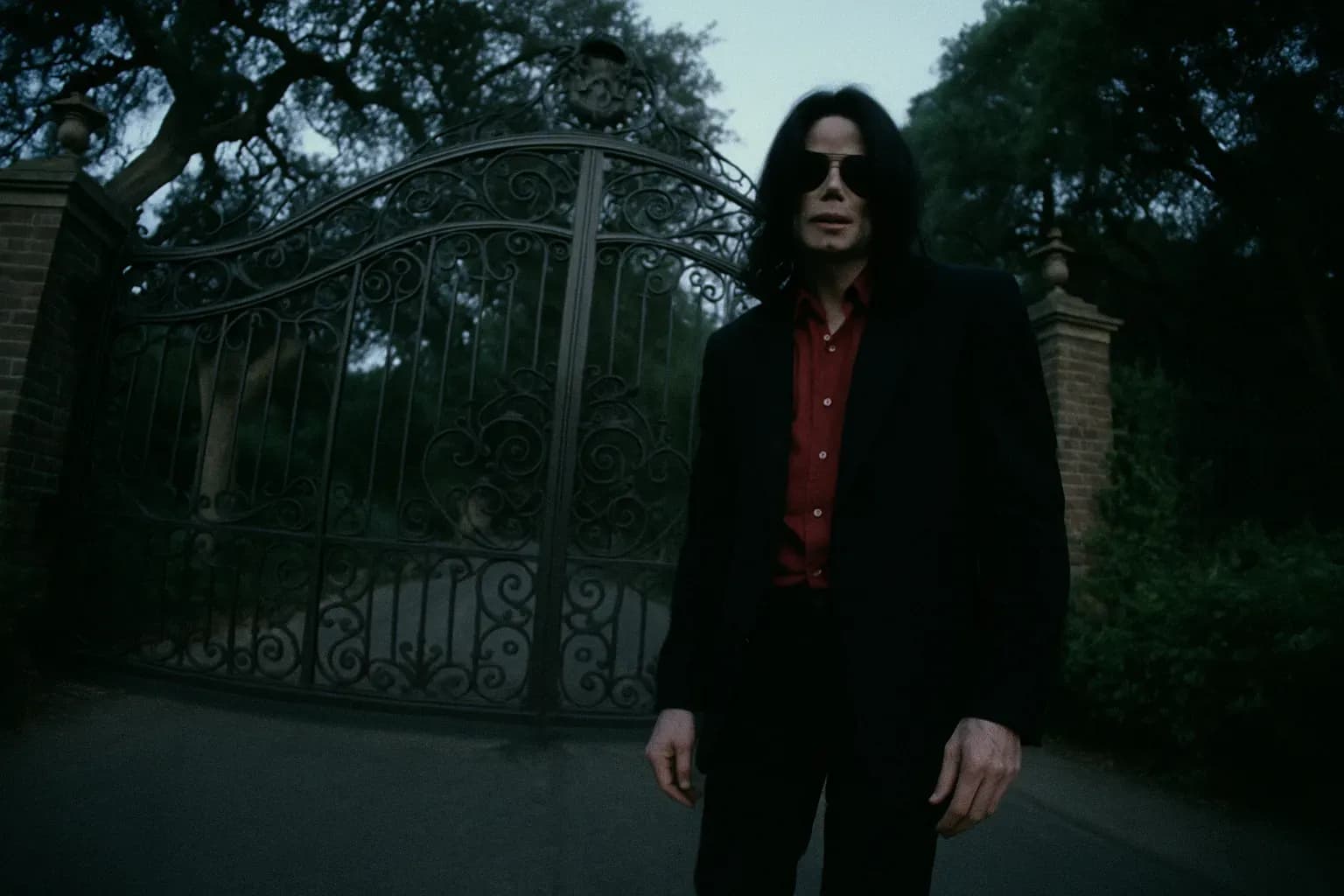 A figure resembling Michael Jackson stands at the gates of Neverland Ranch, a place pivotal to the 2005 trial, surrounded by the ornate wrought iron and lush greenery of the estate