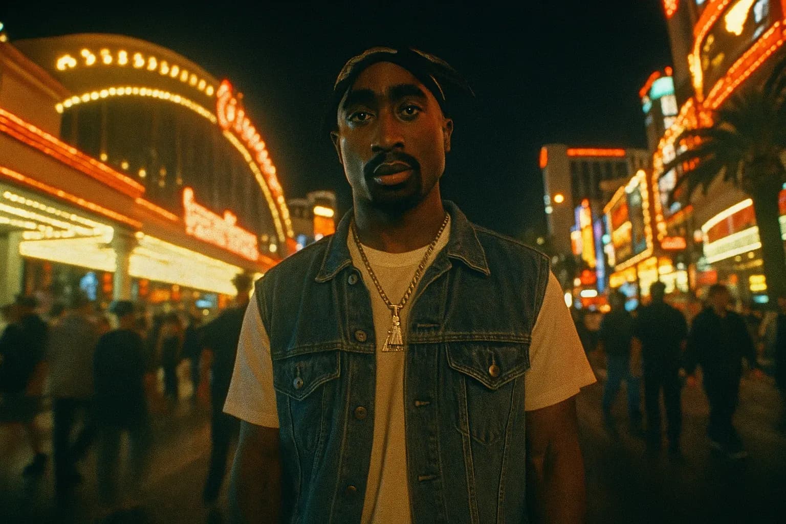 A figure resembling Tupac Shakur stands under the bright neon lights of the Las Vegas Strip, crowds moving around, capturing the vibrant yet tense atmosphere before the fateful night of the shooting.