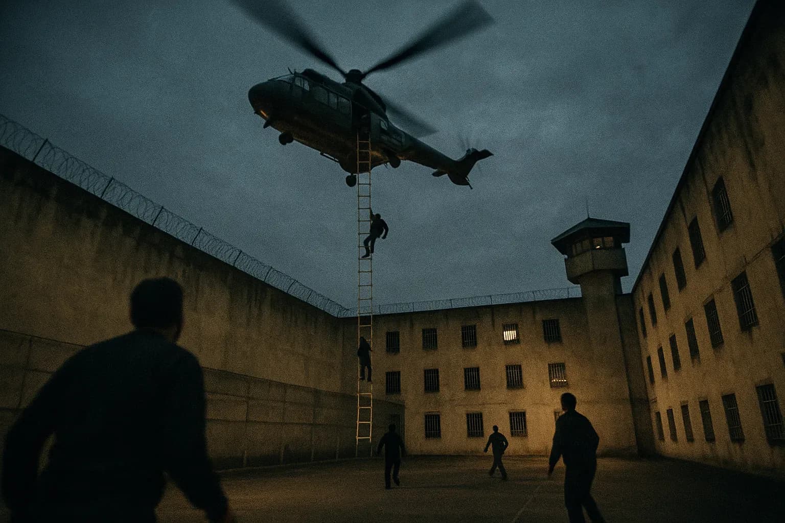 A helicopter hovers above a French prison yard, with a rope ladder dangling as a daring escape unfolds, evoking the sensational escapes of Pascal Payet.