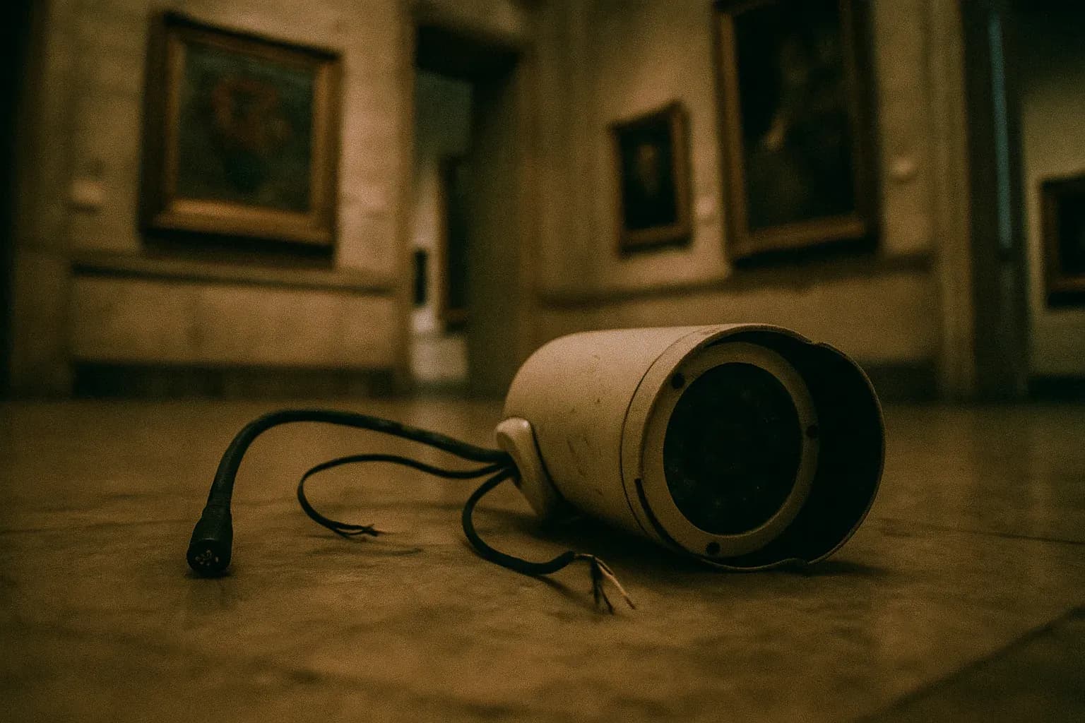 A damaged museum security camera lies on the floor of the Mohammed Mahmoud Khalil Museum, wires dangling, symbolizing the theft and security failures surrounding Van Gogh's missing "Poppy Flowers" painting in Cairo
