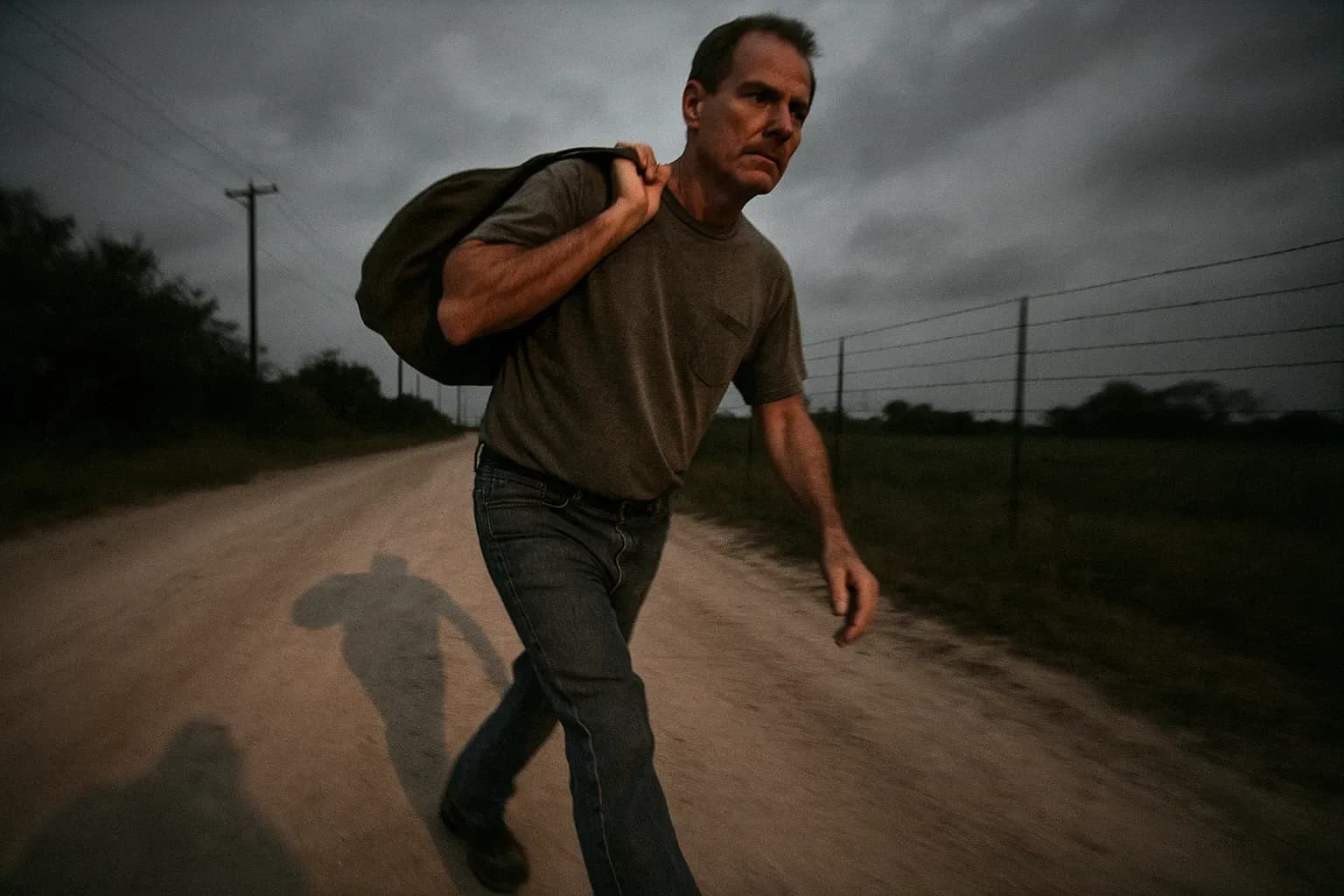 A figure resembling Richard Lee McNair casually strolls along a dusty road, dressed in civilian clothes, with a duffel bag slung over one shoulder, evoking his infamous escape artist persona.