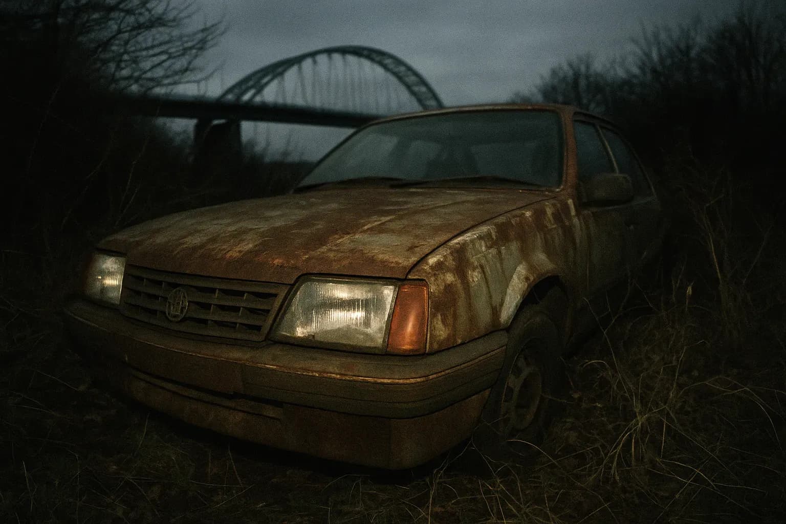 A rusted, abandoned Vauxhall Cavalier sits in the overgrown brush near Severn Bridge, a haunting reminder of Richey Edwards' mysterious disappearance.