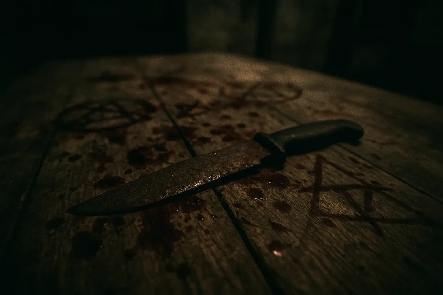 A rusted knife lies on a weathered wooden table in a dimly lit room, surrounded by dark red stains and symbols carved into the surface, reflecting the secretive rituals of Sacra Corona Unita.