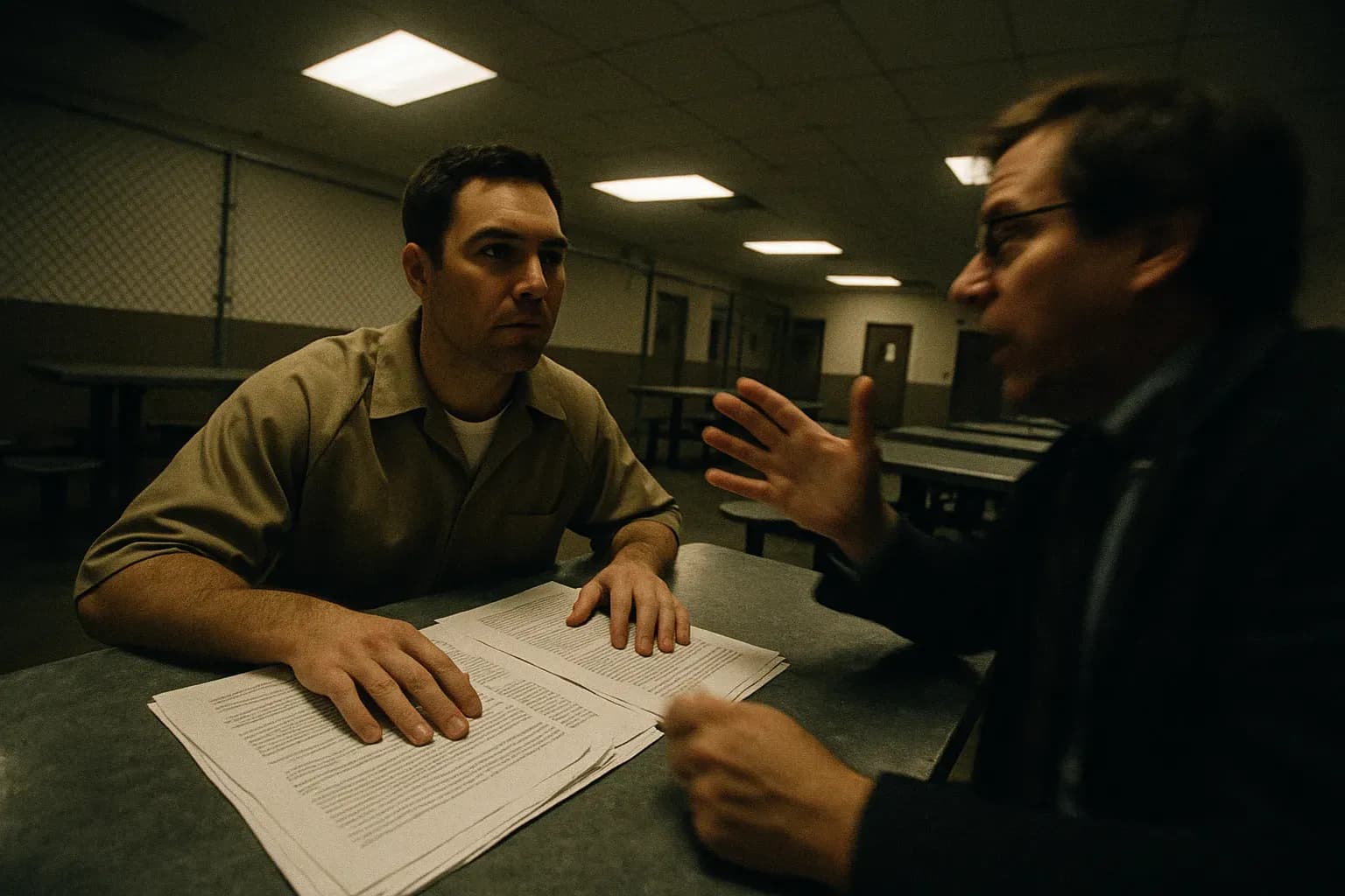 A figure resembling Scott Peterson sits at a prison visitation table, a stack of legal documents spread before him, while a visitor gestures emphatically about an appeal.