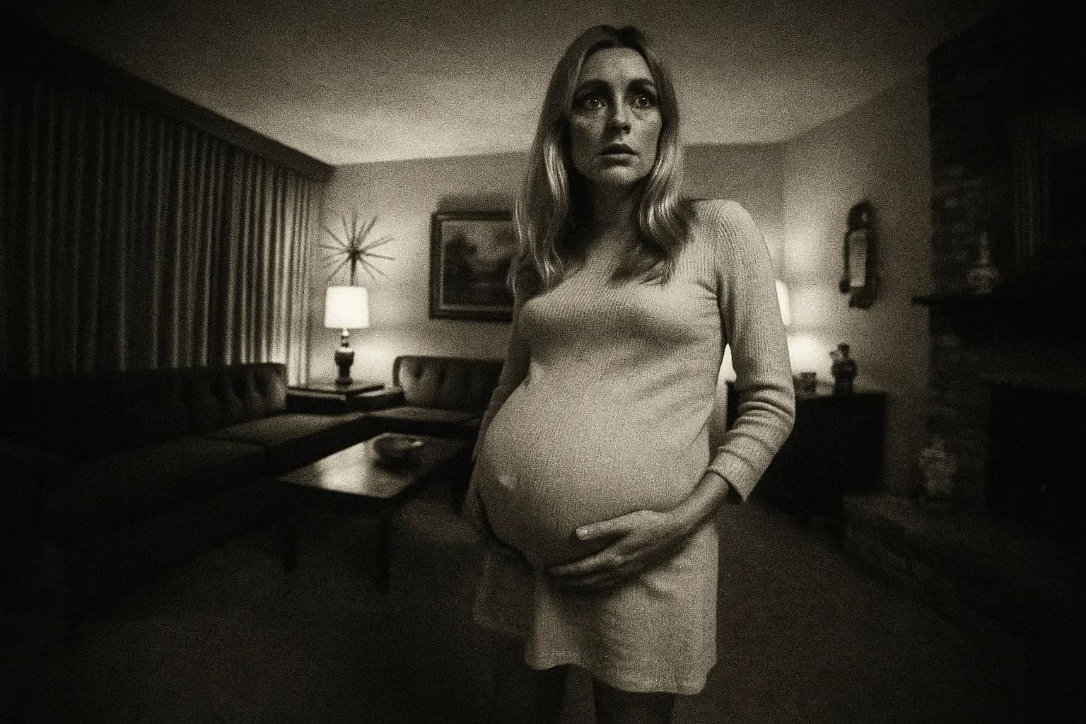 A figure resembling Sharon Tate stands in a 1960s Hollywood living room, visibly pregnant, surrounded by vintage décor, with a foreboding tension in the air.