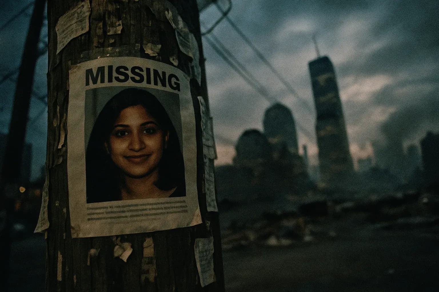 A missing persons poster featuring Sneha Anne Philip taped to a weathered utility pole, surrounded by flyers and notes, with a faint reflection of the New York skyline and remnants of the 9/11 aftermath in the background.