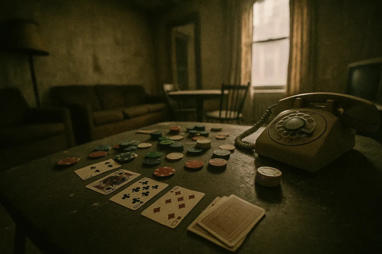 A dusty, dimly lit room in a New York apartment in the 1970s, scattered with cards and poker chips on a table. An old rotary phone sits nearby, symbolizing connections to the Bonanno crime family.