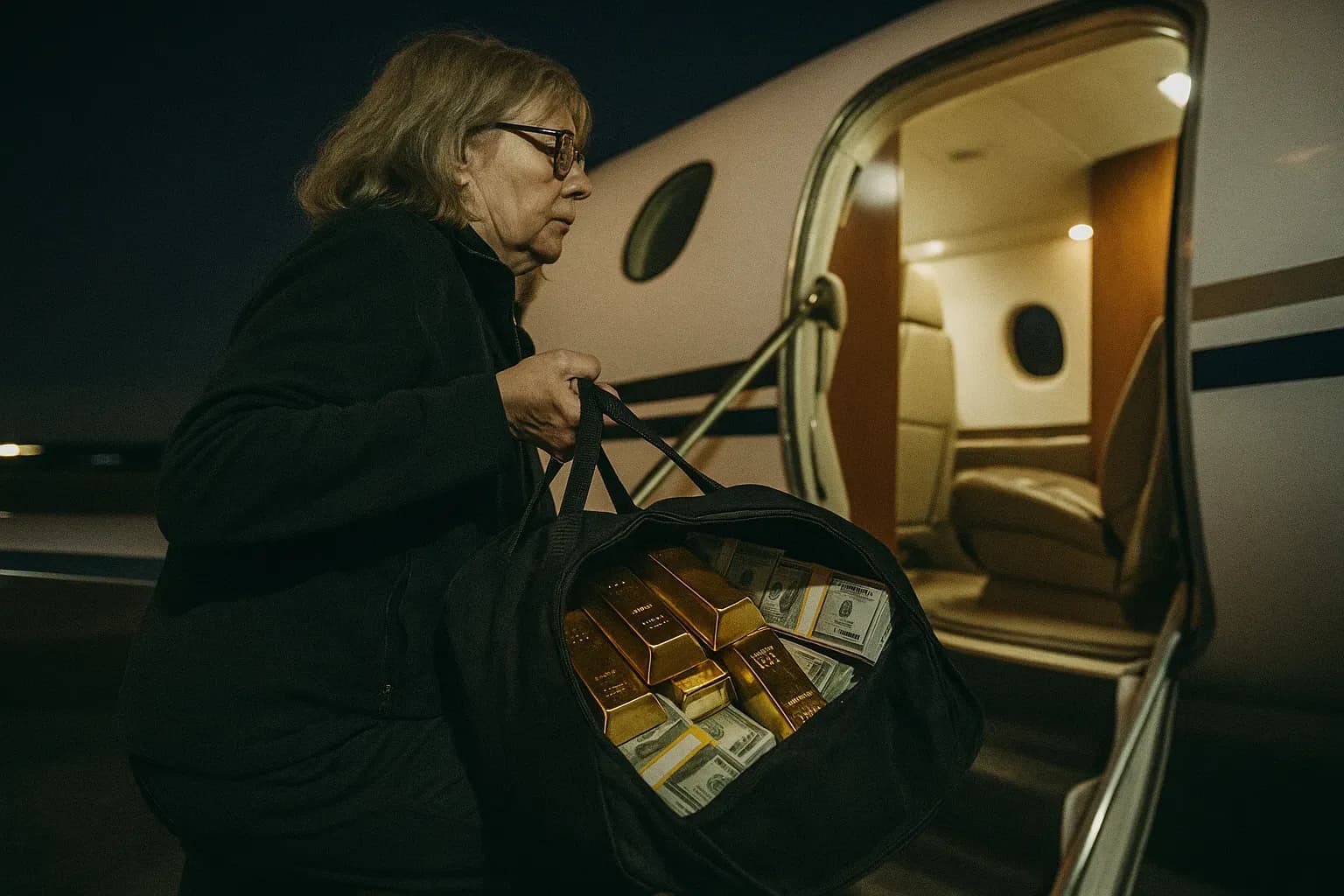 A figure resembling Britta Nielsen boards a luxury airplane, a bag stuffed with gold bars and cash, evoking the opulent lifestyle financed by her massive fraud on Danish social services.