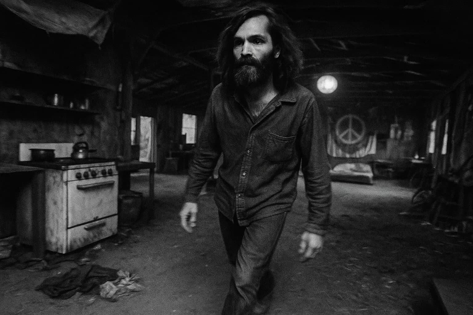 A figure resembling Charles Manson walks through a dusty, cluttered communal living space at the Spahn Ranch, remnants of the 1960s counterculture in the background.