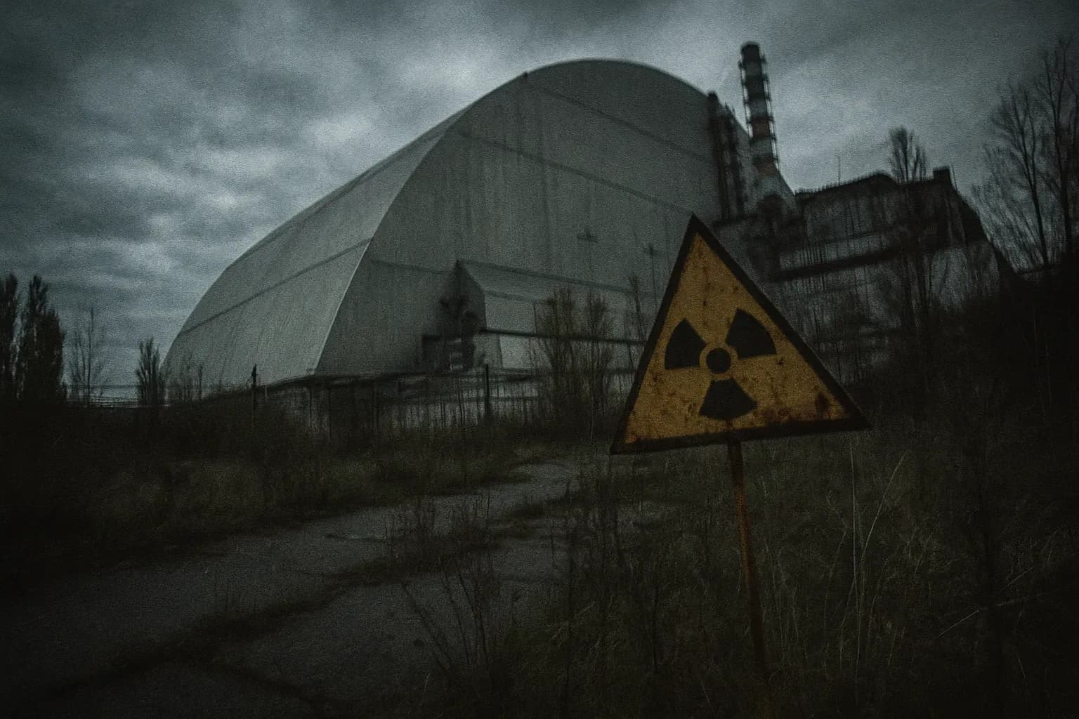 A desolate scene in the Chernobyl exclusion zone shows the New Safe Confinement structure enveloping Reactor 4, with overgrown vegetation and a rusting sign warning of radiation hazards nearby.