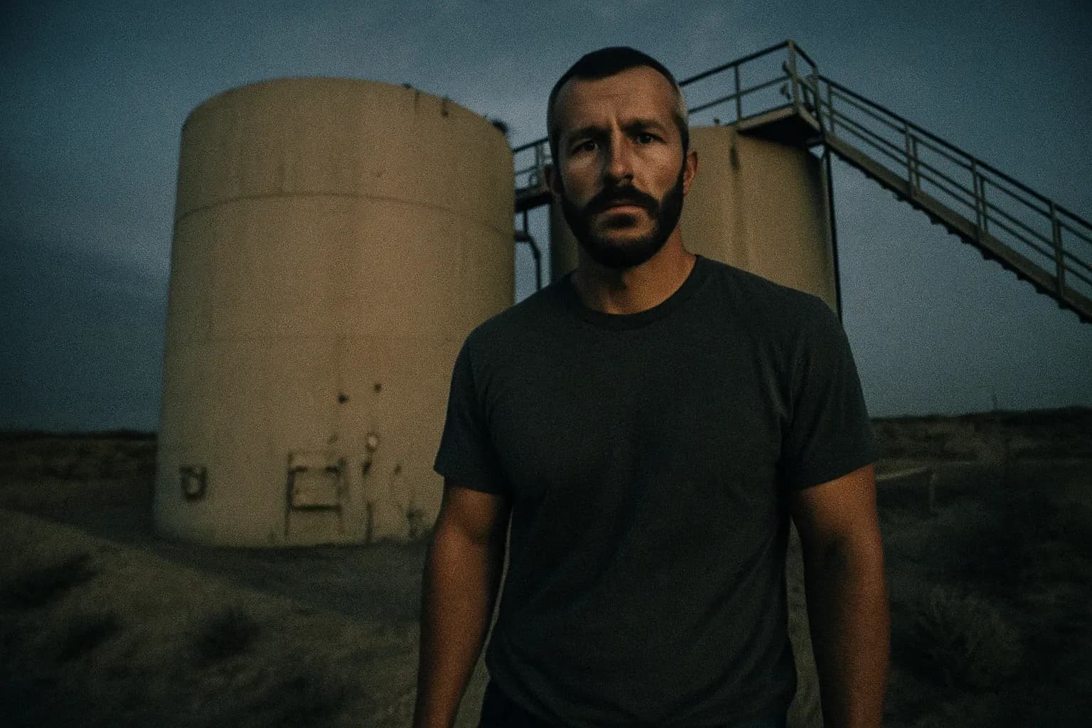 A figure resembling Chris Watts stands in front of large oil tanks at Anadarko oil field, a desolate setting hinting at a concealed tragedy.