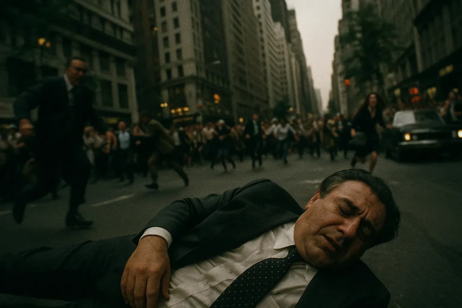 A figure resembling Joseph Colombo lies surrounded by chaos during the 1971 assassination attempt; visible crowds and a sense of panic in a bustling New York street.