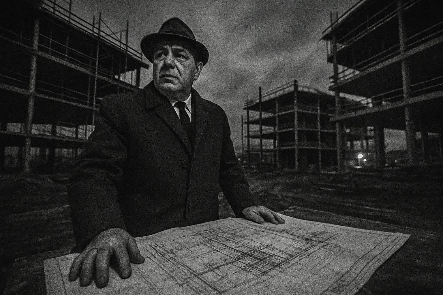 A figure resembling Simone “Sam the Plumber” DeCavalcante stands in a construction site, surrounded by blueprints and half-built structures, symbolizing his control over New Jersey's construction industry in the 1960s.