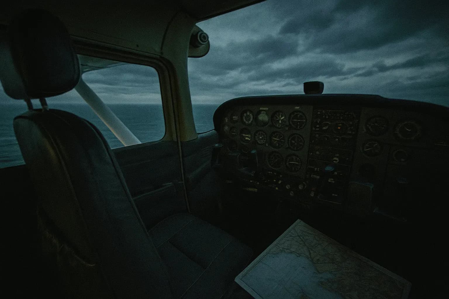 A lone Cessna airplane cockpit with an empty pilot's seat, the aircraft's windshield showcasing the sky over Bass Strait, an air navigation chart partially visible, symbolizing the mysterious disappearance of Frederick Valentich in 1978.