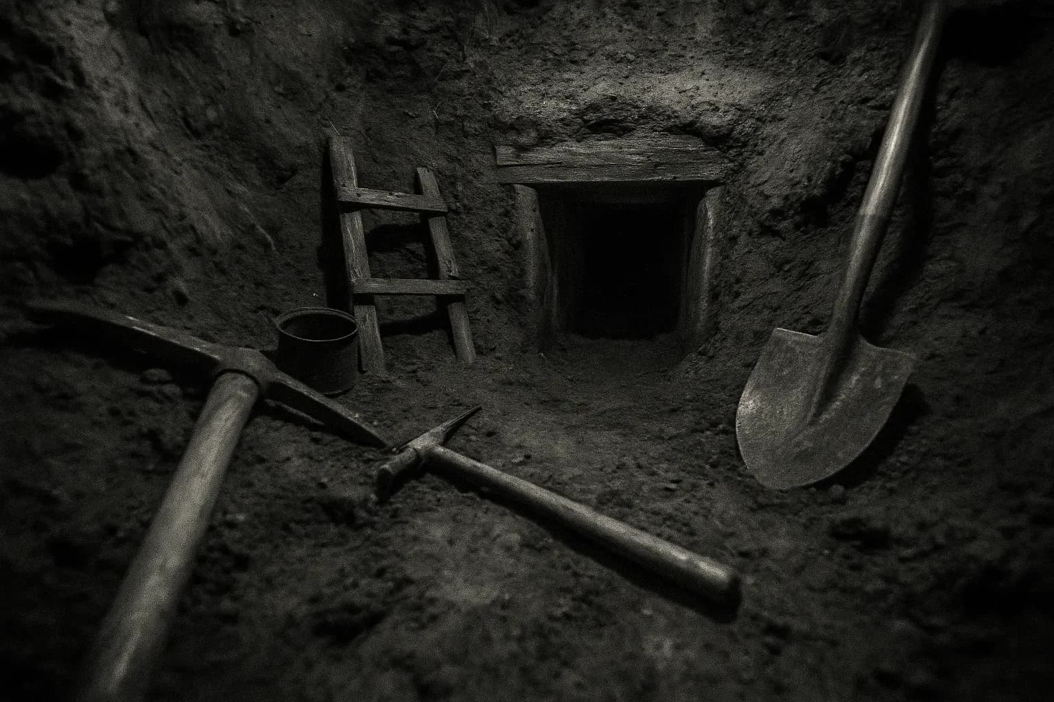 A narrow, partially hidden tunnel entrance at Stalag Luft III, surrounded by makeshift tools and dirt, symbolizing the escape route used by 76 Allied prisoners during World War II.