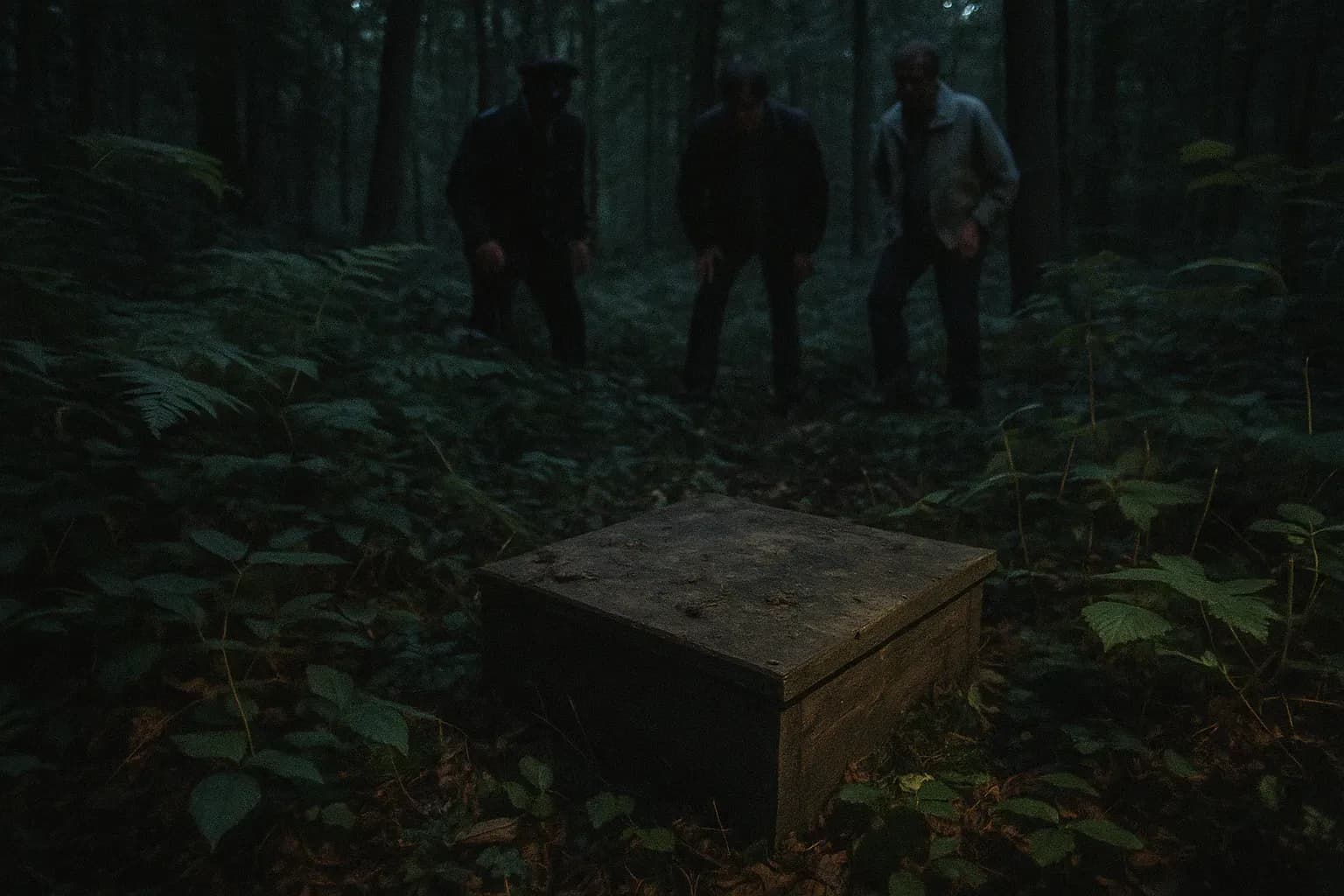 A small wooden box, partially buried in the dense foliage of Weingarten Forest, authorities examining the site where Ursula Herrmann was found, a haunting reminder of the 1981 kidnapping case.