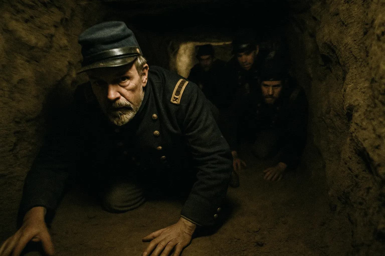 A dark, cramped underground tunnel with dirt walls, a small group of Union officer uniforms wriggling through, led by a figure resembling Colonel Rose, symbolizing their daring escape from Libby Prison.