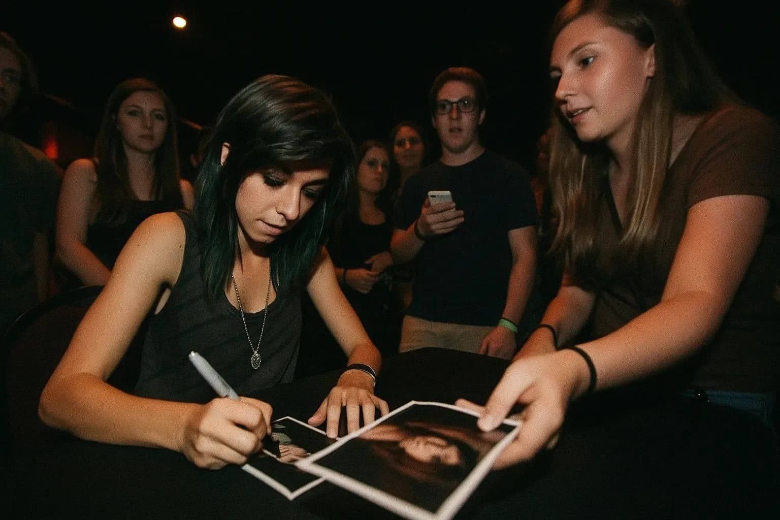 A figure resembling Christina Grimmie signing autographs at a meet-and-greet, surrounded by fans, moments before the tragic event in Orlando's The Plaza Live venue.
