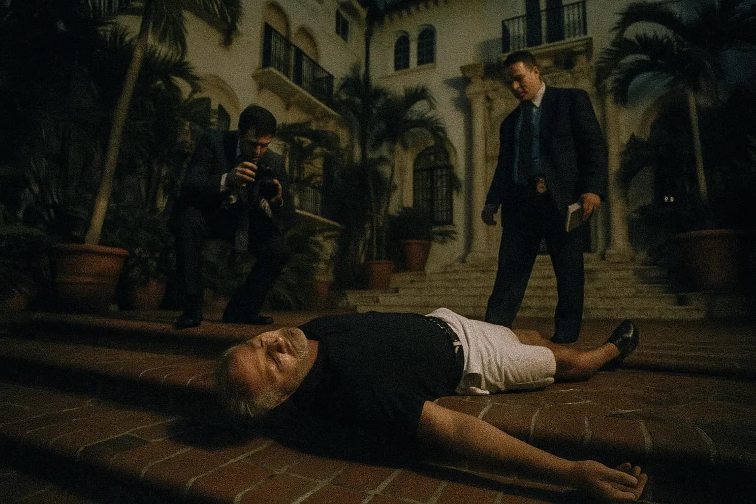 A figure resembling Gianni Versace lies on the steps of his Miami mansion, surrounded by lush Mediterranean-style architecture, as detectives examine the crime scene.
