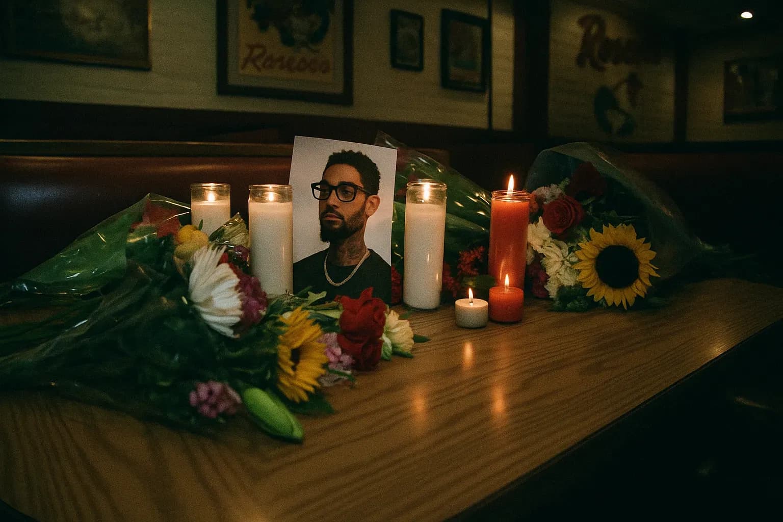 A table at Roscoe's diner is surrounded by flowers and candles as a makeshift memorial for PnB Rock, with his photo resting among the tributes.