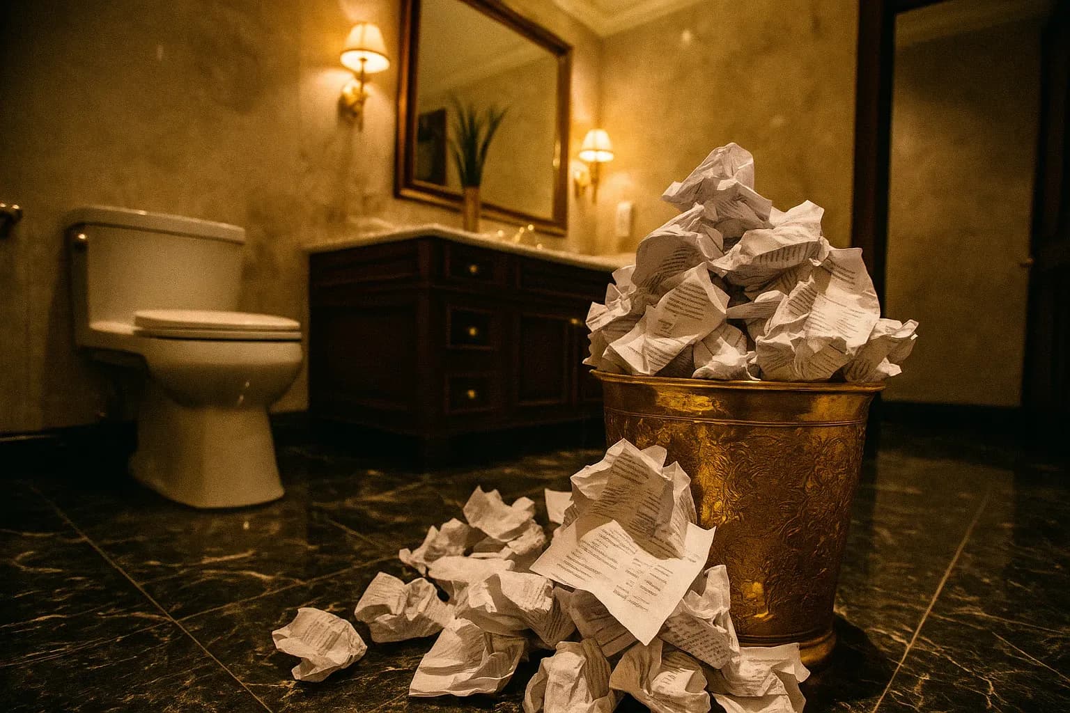 A lavish executive bathroom with a gold wastebasket overflowing with crumpled Tyco International expense reports, signaling excessive luxury and financial misdeeds.