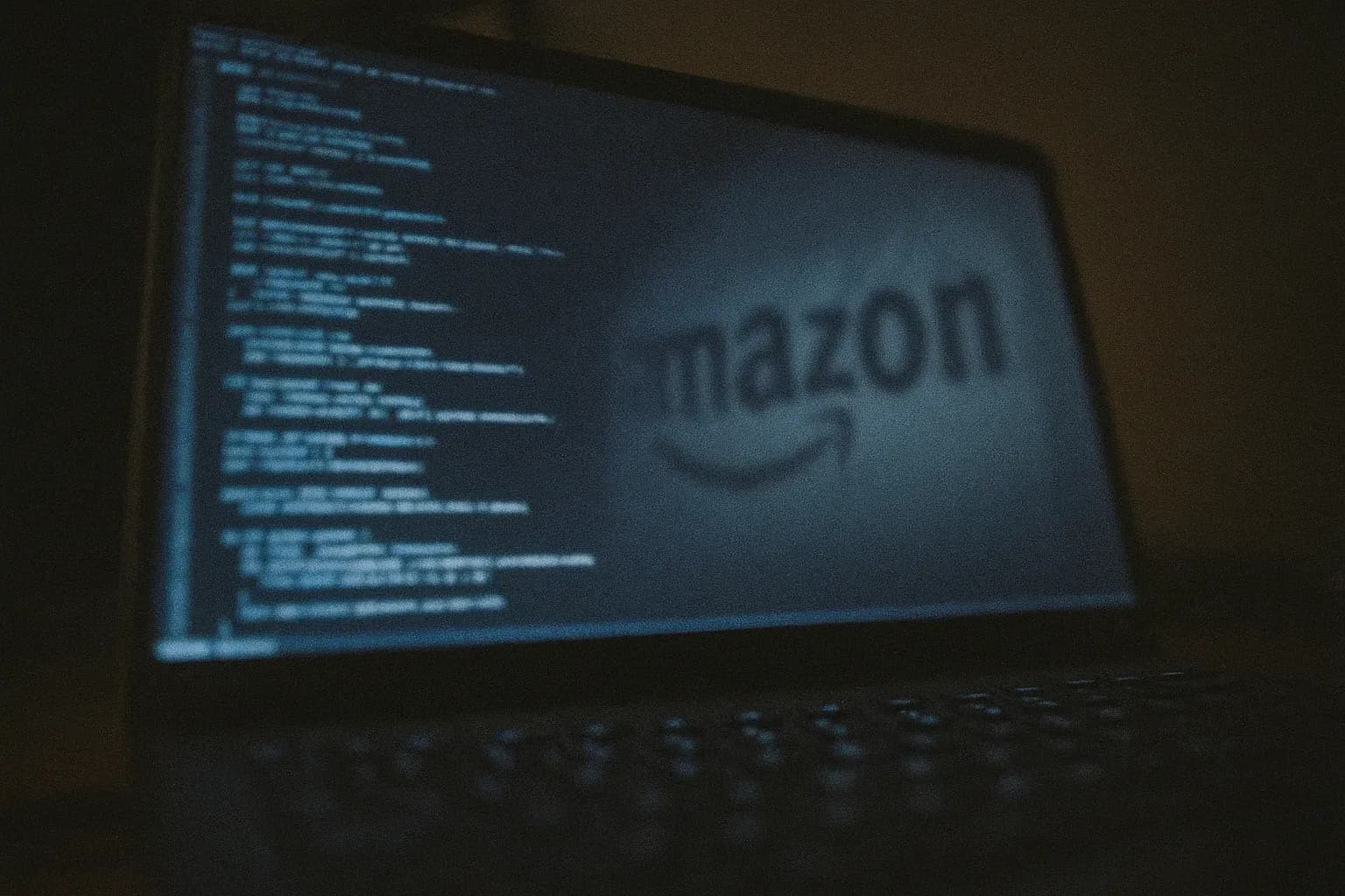 A computer screen displaying a terminal with lines of code, a reflection showing a faint Amazon logo, symbolizing the Twitch 2021 leak exposé of streamers' earnings and Amazon's unreleased projects.