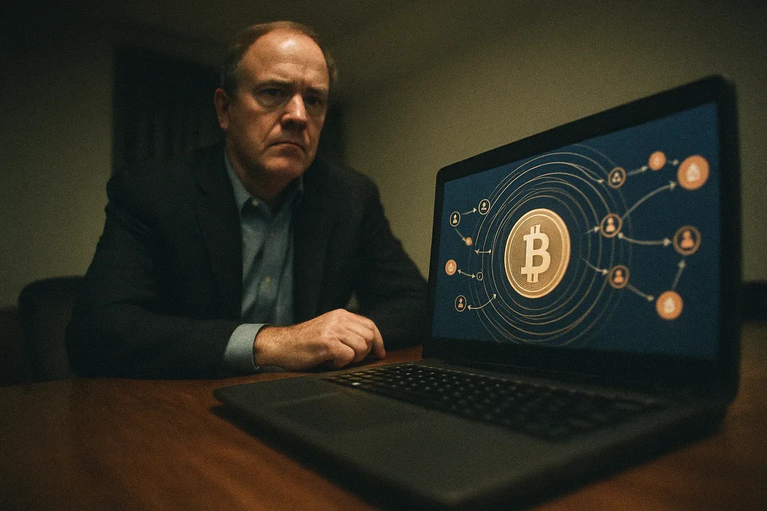 A figure resembling Joe Sullivan sits at a wooden desk, an open laptop in front of him displaying a swirling Bitcoin transaction graphic, symbolizing the controversial payment to hackers during the 2016 Uber data breach cover-up.