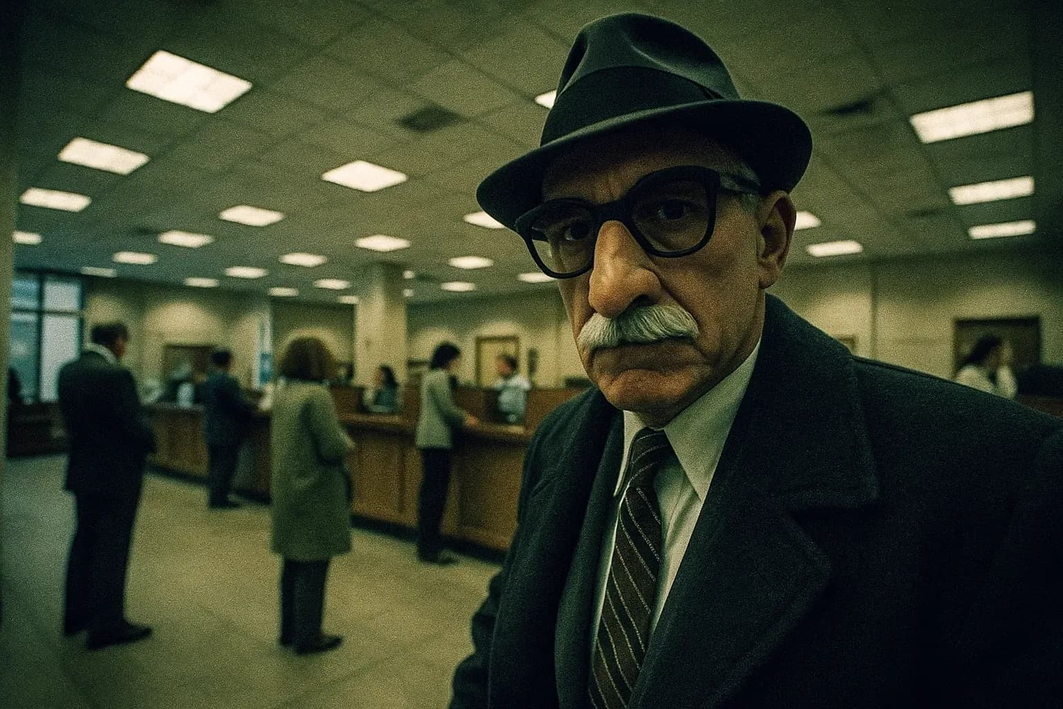 A figure resembling Willie Sutton poses in a bank lobby, dressed in a meticulous disguise, blending into the surroundings as patrons and staff go about their business, unaware of the heist in progress.