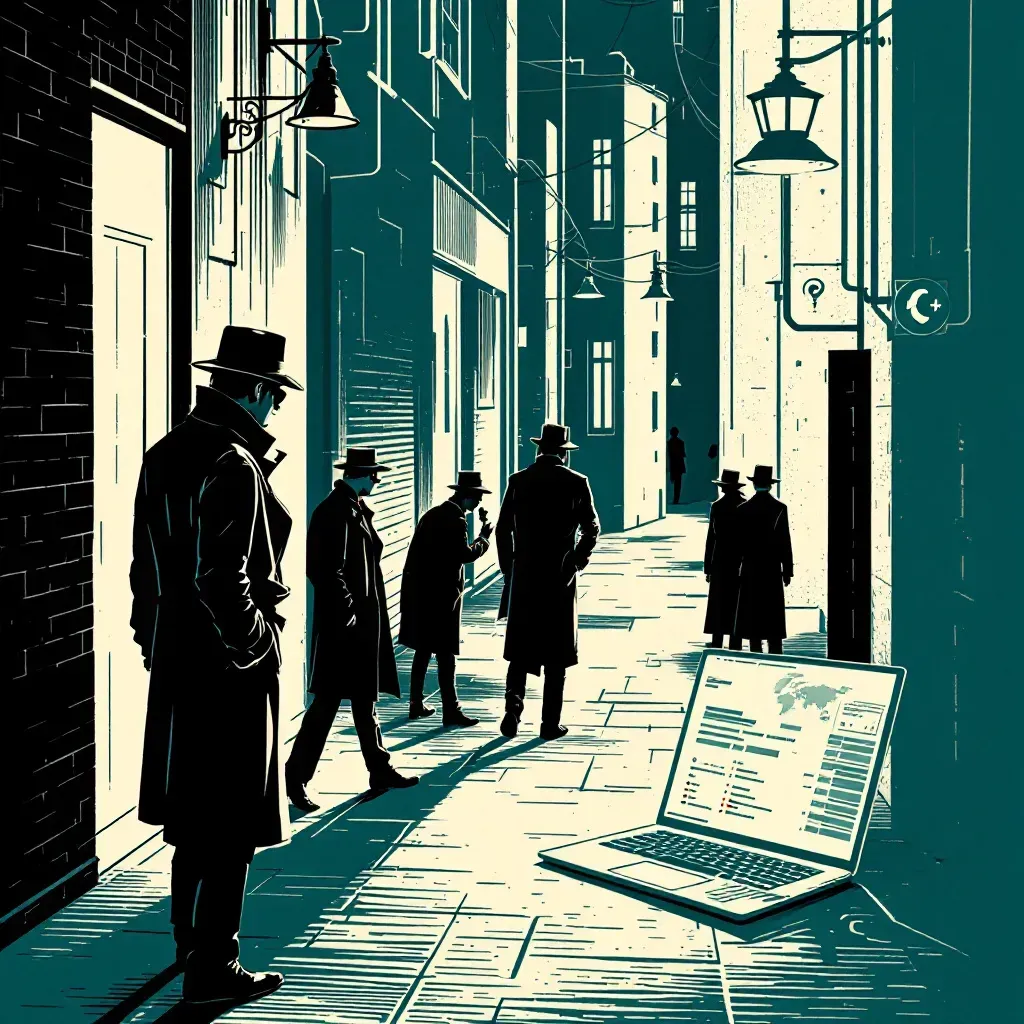 Secret agents exchanging information in a dimly-lit alley, a laptop screen displaying intercepted data, silhouettes of spies in trench coats, and a map of global cyberattack targets.