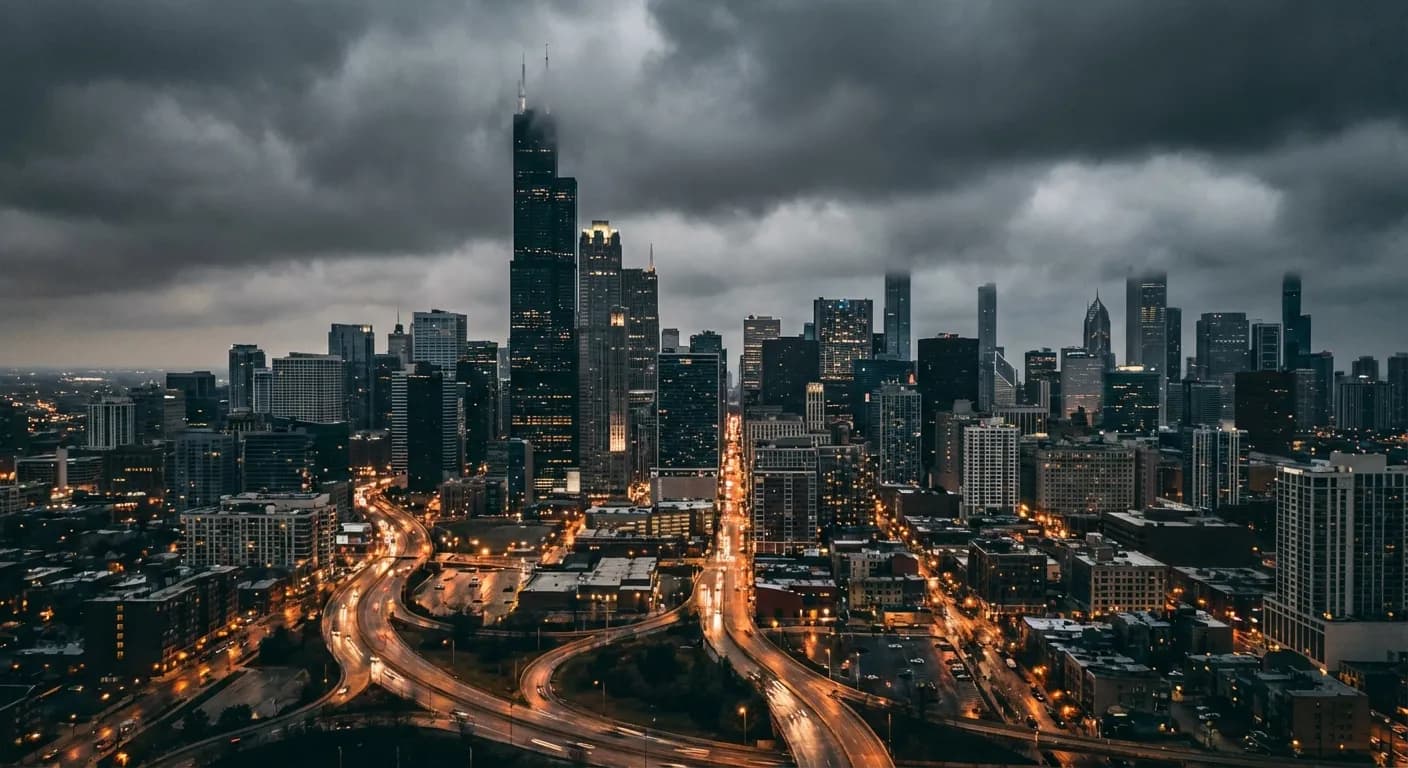Moody aerial view of Chicago skyline at night for a true crime documentary.