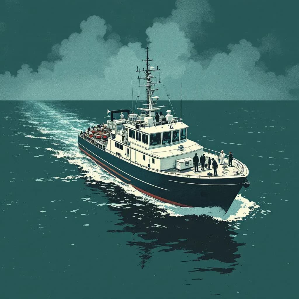 A boat floating on open water, concealing illegal smuggling activities and a hidden crime scene, surrounded by forensic investigators meticulously examining the vessel, highlighting its role in maritime crimes and evasive investigations.